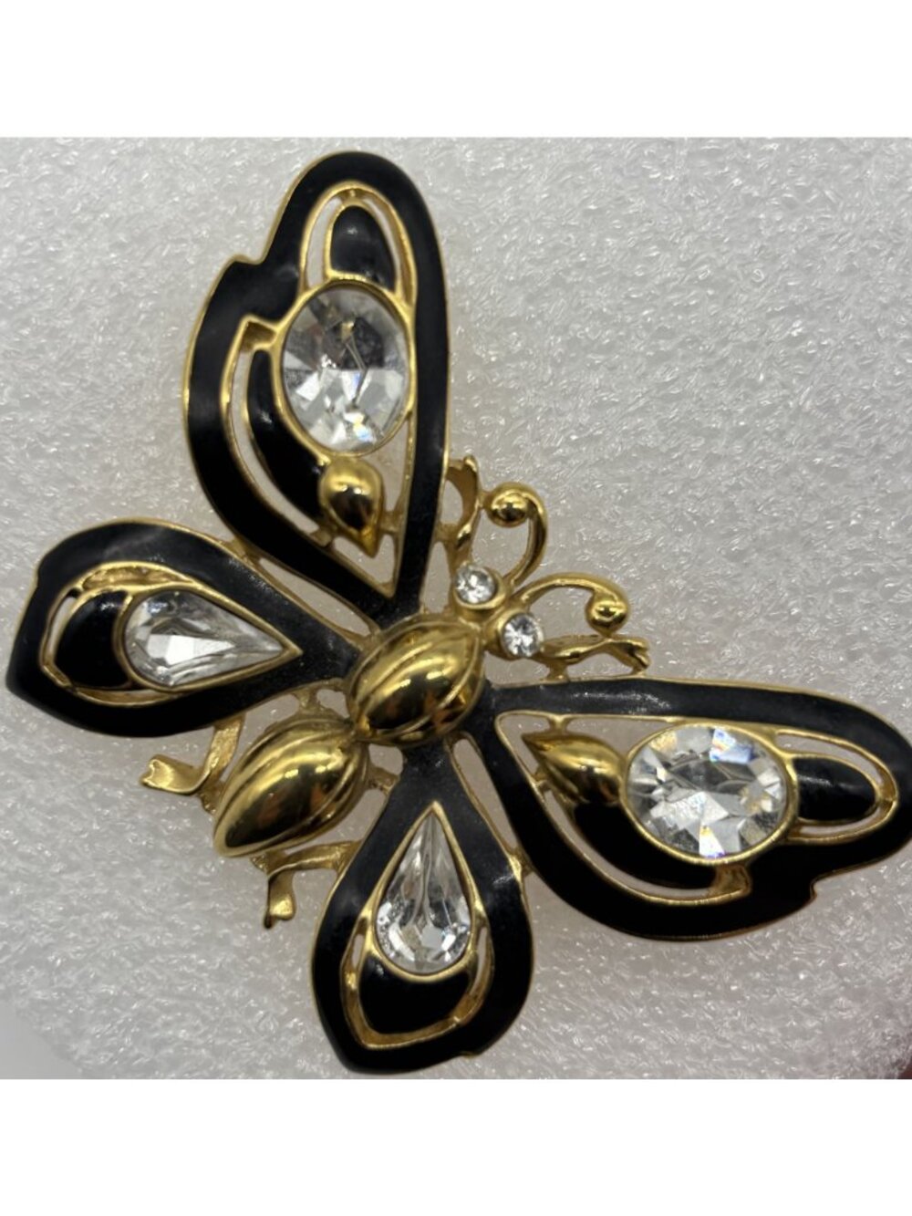 Vintage Trifari Butterfly Brooch Gold Tone Black Enamel Clear Rhinestones Signed - Picture 3 of 16
